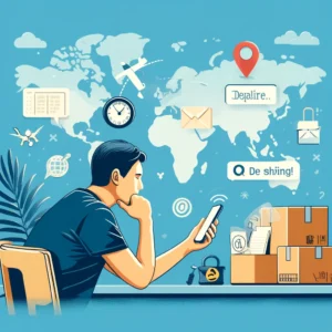 DALL·E 2024 05 04 08.59.59 A digital illustration for a blog about dealing with delayed or missing orders on AliExpress. The image should depict a hopeful customer checking thei 1
