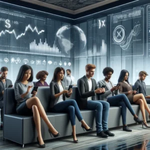 DALL·E 2024 05 04 09.32.54 A digital illustration of a modern and sleek financial environment featuring diverse people of different ethnicities using their smartphones and lapto 7