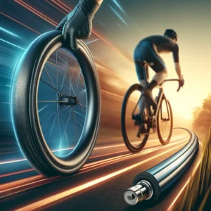 DALL·E 2024 05 04 09.46.37 A digital illustration for a blog about RideNow Ultralight TPU Inner Tubes for road bikes. The image should depict a close up of a sleek modern road 1
