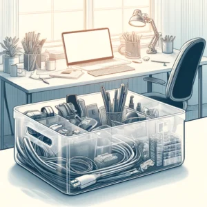 DALL·E 2024 05 04 09.50.27 A digital illustration for a blog about a transparent plastic cable storage box. The image should depict an organized desk with the storage box promin 1