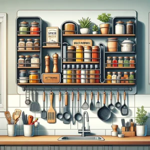 DALL·E 2024 05 04 09.54.58 A digital illustration for a blog about a Multi Purpose Kitchen Organizer from AliExpress. The image should depict a well organized kitchen space wher 1