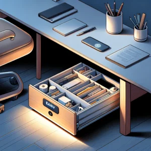 DALL·E 2024 05 04 10.45.08 A digital illustration for a blog about the Eary Under Desk Drawer Organizer from AliExpress. The image should depict a neatly organized office space 1