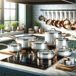 DALL·E 2024 05 04 10.48.26 A digital illustration for a blog about a 3 7 Pots and Pans Set Nonstick Cookware Sets with white granite finish from AliExpress. The image should dep 1