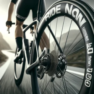 DALL·E 2024 05 05 07.49.01 A dynamic image of a road bike fitted with the Ridenow Ultralight 19g TPU inner tube. The scene includes a close up of the bike wheel showcasing the i 1