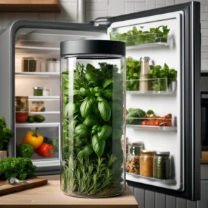 DALL·E 2024 05 05 07.54.43 A modern kitchen setting showcasing the Herb Saver Storage Container from AliExpress. The image features the container filled with fresh herbs like ba 1