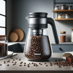 DALL·E 2024 05 05 07.59.53 A stylish kitchen scene featuring the GIANXI Vacuum Sealed Jug on a countertop. The jug is made of glass and filled with coffee beans showcasing its 1