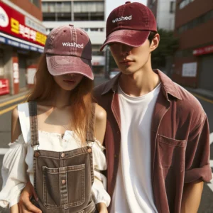 DALL·E 2024 05 05 08.03.21 A stylish summer scene featuring a male and female couple wearing washed letters embroidered baseball caps in wine red. The setting is an urban enviro 1