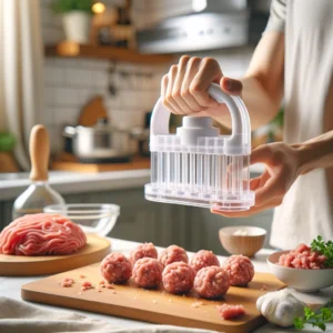 DALL·E 2024 05 05 08.07.16 A kitchen scene showing the use of the Translucent Meatball Maker from AliExpress. The image features a person making meatballs using the translucent 1