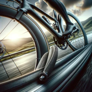 DALL·E 2024 05 05 08.10.39 A dynamic image of a road bike fitted with the RRSKit Ultralight Bike Inner Tube. The bike is positioned in an outdoor setting emphasizing its sleek 1