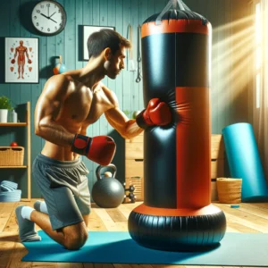DALL·E 2024 05 05 08.15.04 A vibrant home fitness scene featuring an adult using an inflatable punching bag. The punching bag is made of durable PVC and is set in a home gym env 1