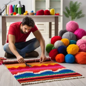 DALL·E 2024 05 05 08.24.15 A creative and colorful scene of a person engaged in tufting a carpet. The image should show an array of colorful yarns from the 42 colors tufting yar 1
