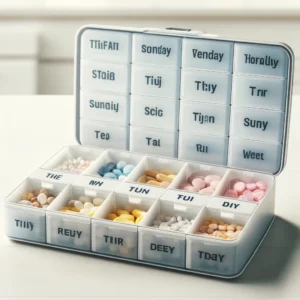 DALL·E 2024 05 05 09.53.11 A well organized medicine storage box with individual compartments labeled for each day of the week designed for travel and home use. The box is set 1