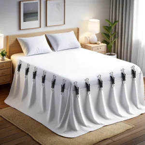 DALL·E 2024 05 05 11.59.21 A neatly made bed with the 4Pcs Bed Sheet Holder Clips in use visible at each corner of the mattress. The setting is a cozy and inviting bedroom hig 1