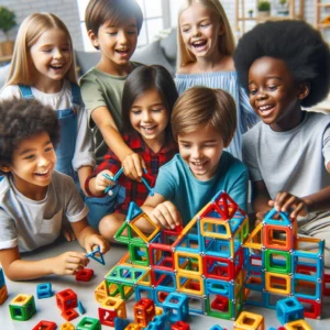 DALL·E 2024 05 05 12.22.02 A joyful scene of children playing with large magnetic construction blocks from AliExpress. The image should show a group of diverse children both bo 1