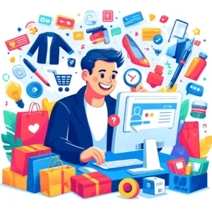 DALL·E 2024 05 05 19.54.09 A vibrant and modern digital illustration showing a happy shopper browsing on a computer surrounded by various products like electronics clothing a 1