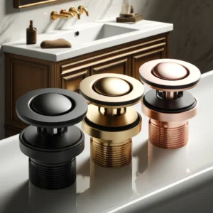 DALL·E 2024 05 06 05.08.38 A stylish bathroom setting featuring the Pop Up Drain Button Bathroom Sink Plug in three finishes black gold and rose gold. The image should depict 1
