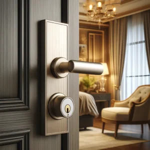 DALL·E 2024 05 06 05.47.08 An elegant interior scene featuring the NAIERDI Fashion European Room Door Lock installed on a luxurious wooden door. The door handle should be promin 1
