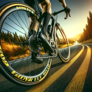 DALL·E 2024 05 06 05.56.21 A dynamic scene featuring a road bike equipped with Goodyear EAGLE Sport Road Yellow Tires. The bike should be shown in an action setting perhaps on 1