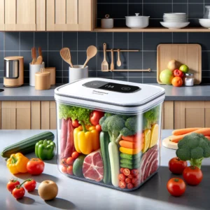DALL·E 2024 05 06 06.33.21 A modern kitchen setting showcasing the Food Vacuum Storage Box from AliExpress. The image should display the transparent storage container with a var 1