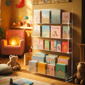 DALL·E 2024 05 06 06.42.26 A cozy childrens reading nook featuring the Acrylic Picture Book Display Stand from AliExpress. The image should show a colorful and inviting space w 1