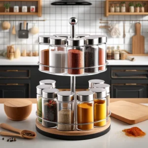 DALL·E 2024 05 06 06.48.52 A stylish kitchen setting featuring the 1 7pcs Spice Jar Set Rack from AliExpress. The image should show the glass spice jars neatly arranged in the r 1