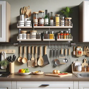 DALL·E 2024 05 06 06.58.35 A modern kitchen scene showing the Wall mounted Kitchen Organizer Shelf from AliExpress. The shelf should be displayed storing various kitchen utensil 1