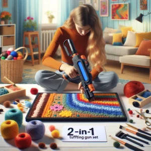 DALL·E 2024 05 06 07.41.53 An engaging craft room scene showcasing the 2 in 1 Tufting Gun Set in use. The image should depict an individual focused and creative using the tuft 1