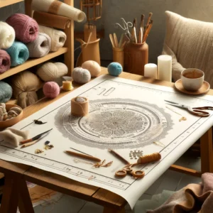 DALL·E 2024 05 06 07.46.25 A cozy craft room scene showing Monk Cloth Tufting Cloth being used in various DIY projects. The image should depict the cloth laid out on a worktable 1