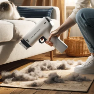 DALL·E 2024 05 06 07.50.03 A practical home setting showing the Tufting Gun Hair Remover in use. The image should depict a person using the manual pet hair clipper on a fabric s 1