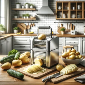DALL·E 2024 05 06 07.54.23 A modern kitchen scene showcasing the Cutting Potato Machine in action. The image should display the multifunctional stainless steel manual vegetable 1
