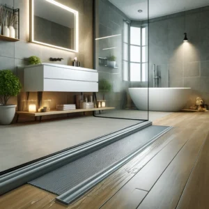 DALL·E 2024 05 08 07.09.22 An image showing a modern bathroom with a clearly visible silicone water retaining strip installed at the shower entrance. The strip should be shown e 1