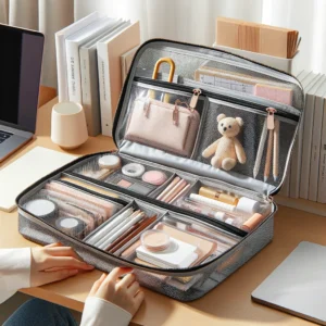 DALL·E 2024 05 08 07.52.55 A neatly organized work space featuring the A4 Stationery Storage Bag. The image should show the double layer mesh zipper bag being used to store a va 1