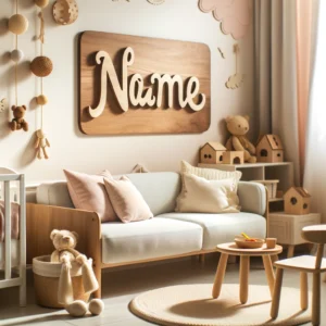DALL·E 2024 05 08 07.56.26 A cozy and inviting childrens room featuring a personalized wooden name sign hanging on the wall. The sign should be elegantly carved with a childs 1
