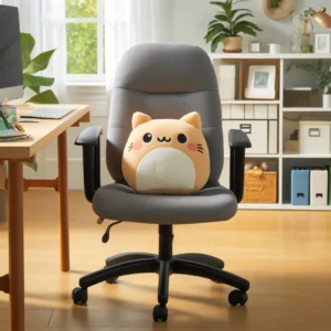 DALL·E 2024 05 08 08.00.08 A cozy and inviting office space featuring the Super Cute Cushion Chair Butt Cushion Plush Toy. The image should show a plush round or square cushion 1