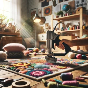 DALL·E 2024 05 08 08.05.21 An image depicting a creative and inviting workspace where a person is using a manual carpet tufting gun to make a rug. The setting should be a well o 1