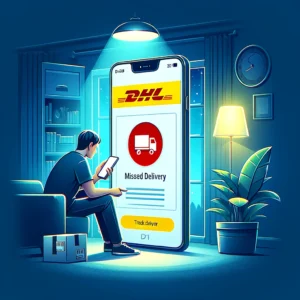 DALL·E 2024 05 08 19.51.40 An image illustrating a person checking the delivery status on a smartphone with a visible screen showing Missed Delivery from DHL. The setting sho 1