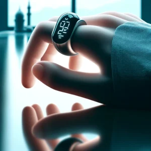 DALL·E 2024 05 10 08.21.13 A modern and discreet digital tasbih counter designed as a ring worn on a finger. The scene should depict a close up of a hand with the tasbih counte 1