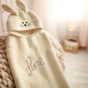 DALL·E 2024 05 10 08.28.07 A cozy and adorable scene featuring a personalized baby knitted sleeping bag with rabbit ears. The sleeping bag should be embroidered with a name and 1