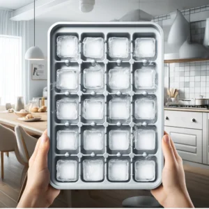 DALL·E 2024 05 10 08.35.52 A kitchen scene showcasing a large 32 64 slots ice cube mold tray with a lid filled with ice. The tray should appear sleek and modern suitable for a 1