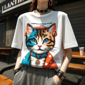 DALL·E 2024 05 10 08.41.40 A stylish and playful fashion image showcasing a European and American high street cat short sleeved shirt. The shirt should feature a bold graphic of 1