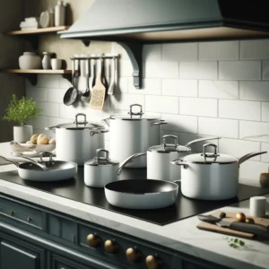 DALL·E 2024 05 10 20.50.56 A kitchen scene featuring a 3 7 pieces pots and pans set in white granite design. The cookware should appear elegant and modern displayed on a kitche 1