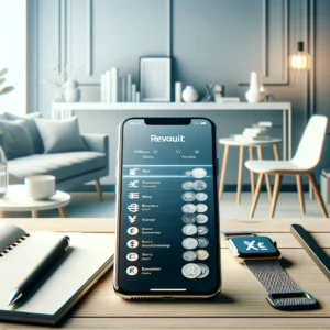 DALL·E 2024 05 10 22.32.43 A modern clean and sleek financial technology environment depicting a smartphone on a desk with the Revolut app open showing various currencies. The 6