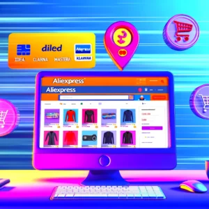 DALL·E 2024 05 11 06.35.48 A vibrant digital illustration of a person shopping online on AliExpress. The scene shows a desktop computer with the AliExpress website open display 1