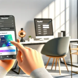 DALL·E 2024 05 11 06.47.28 A modern financial scene illustrating a person using a smartphone to sign up for a Revolut account. The smartphone screen shows the Revolut app with o 1