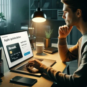 DALL·E 2024 05 11 06.49.52 A sleek financial setup depicting a young adult using a laptop to apply for a Revolut prepaid Mastercard. The laptop screen shows the application proc 1