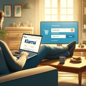DALL·E 2024 05 11 06.53.21 A cozy home office scene depicting a person shopping online on a laptop and choosing the Klarna payment option. The laptop screen displays a secure ch 1