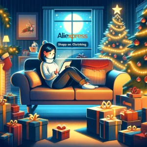 DALL·E 2024 05 11 06.57.29 A festive digital illustration depicting a person shopping on AliExpress during a holiday. The scene shows a cozy living room decorated for Christmas 1