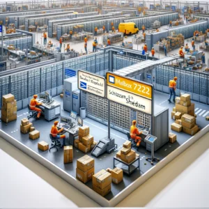 DALL·E 2024 05 11 07.33.31 A detailed illustration of a bustling postal facility focusing on mailbox number 7272 in Schiedam. The scene should depict an organized and high tech 1