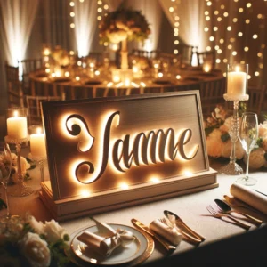DALL·E 2024 05 11 12.25.27 A romantic and elegant setting featuring a custom LED personalized wooden name sign. The sign should display beautifully crafted wooden letters lit b 1