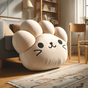 DALL·E 2024 05 11 12.37.20 A cozy and cute scene featuring a large Kawaii cat paw plush cushion in a home setting. The cushion should be depicted as soft and inviting perfect f 1
